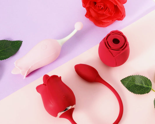 Many rose toys on purple and pink background